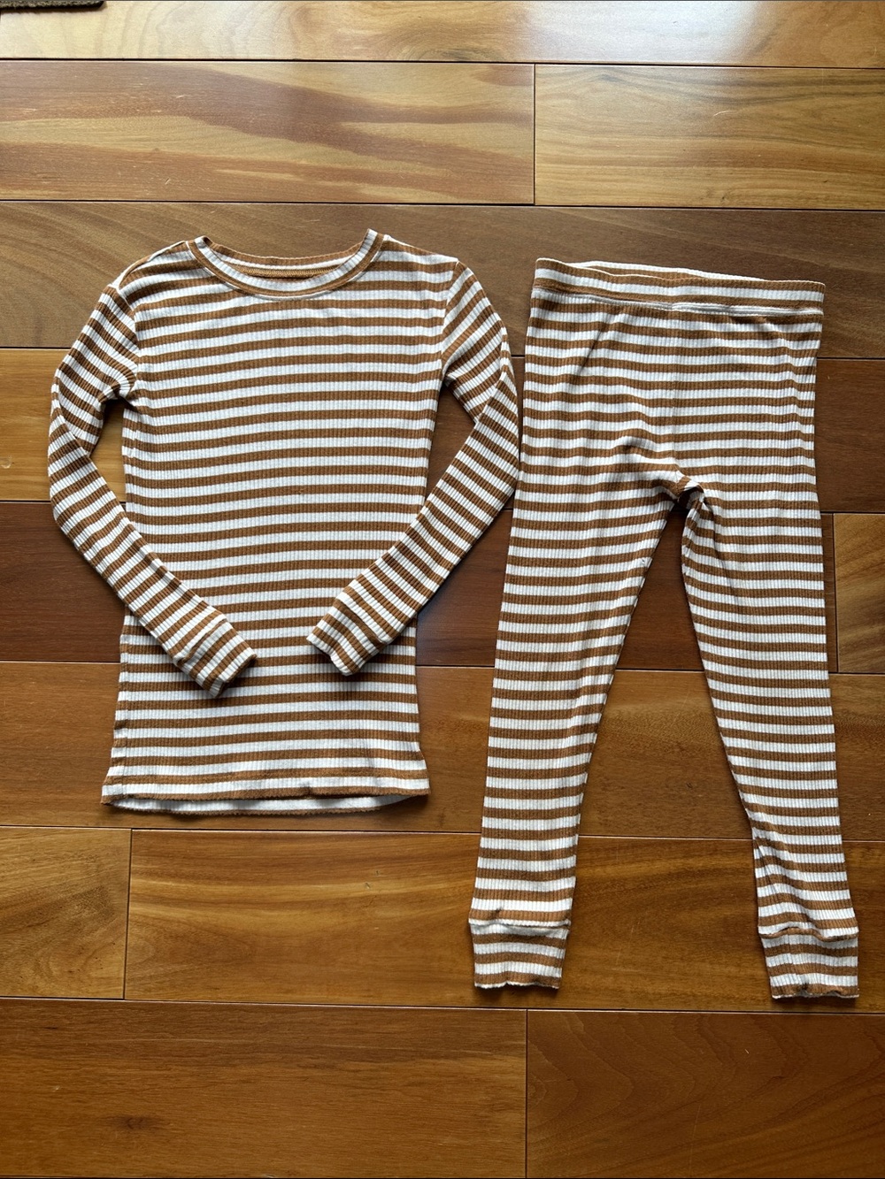 Brave Little Ones Striped Brown White Ribbed Long Sleeve Bamboo Pajama Set 4T